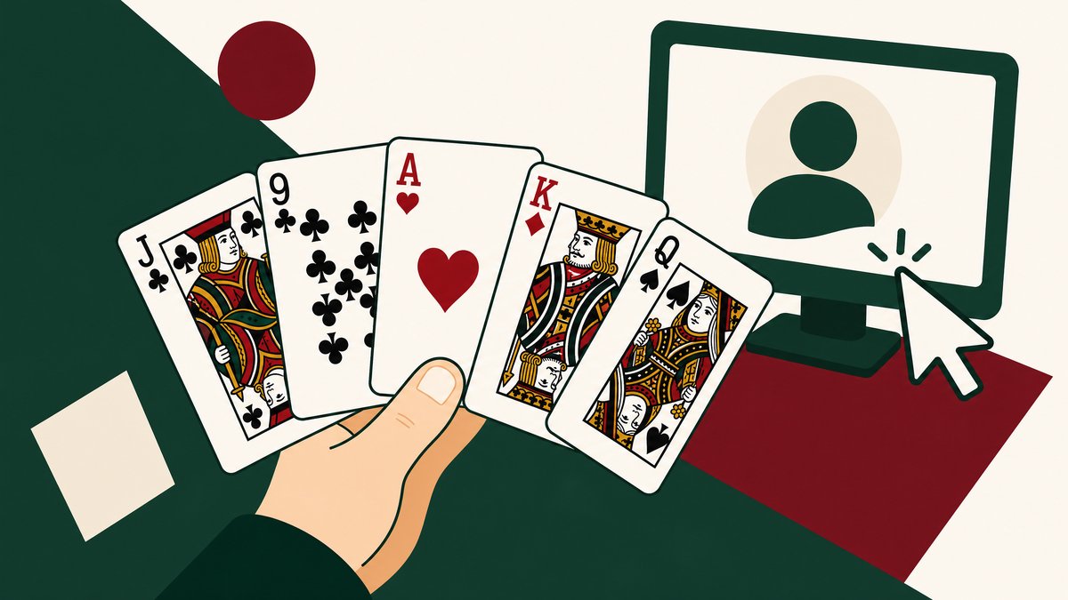 Hand met klaverjassen kaarten naast een computerscherm — gratis klaverjassen spelen tegen de computer