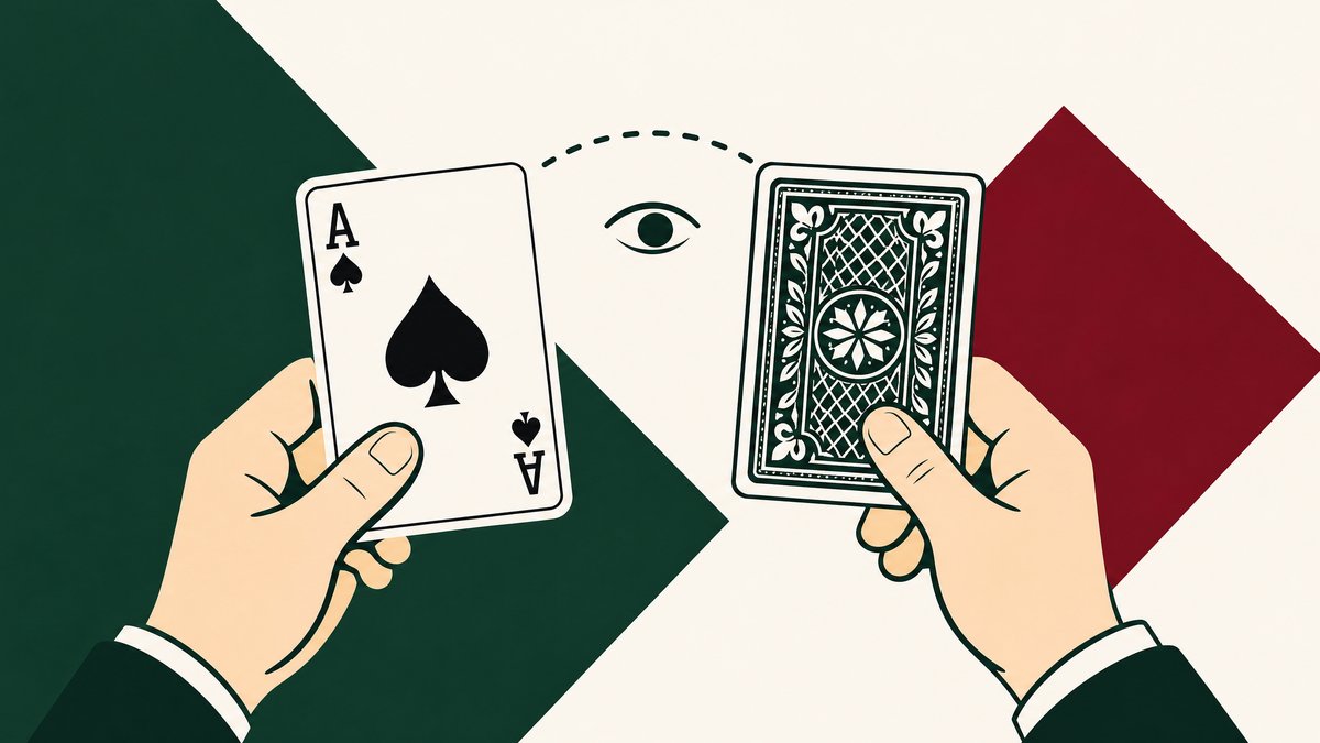 Twee handen houden speelkaarten vast — één open (Aas van Schoppen) en één dicht — illustratie van seinen bij klaverjassen